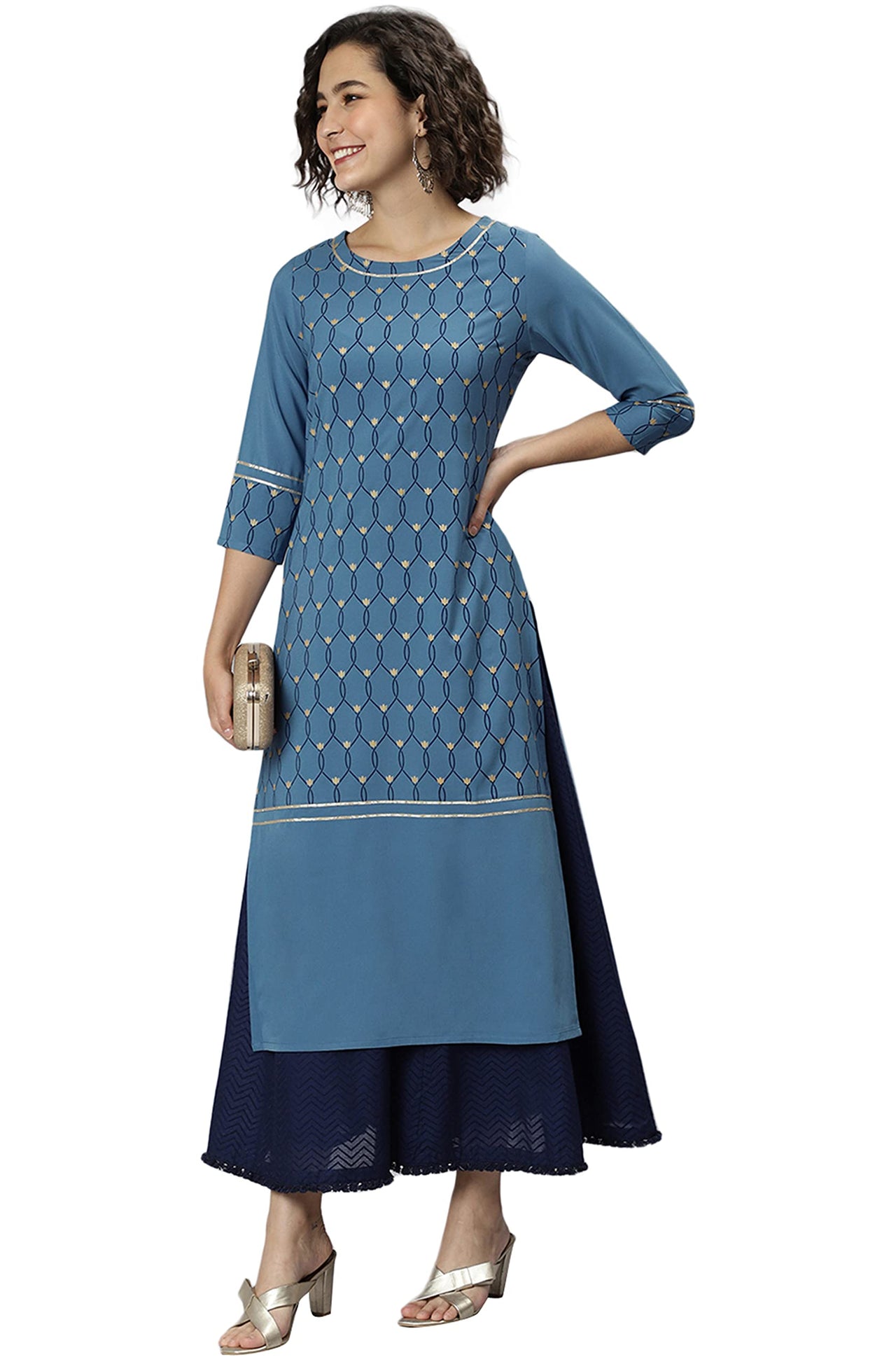 Janasya Women's  Blue Poly Crepe Ethnic Motifs Kurta