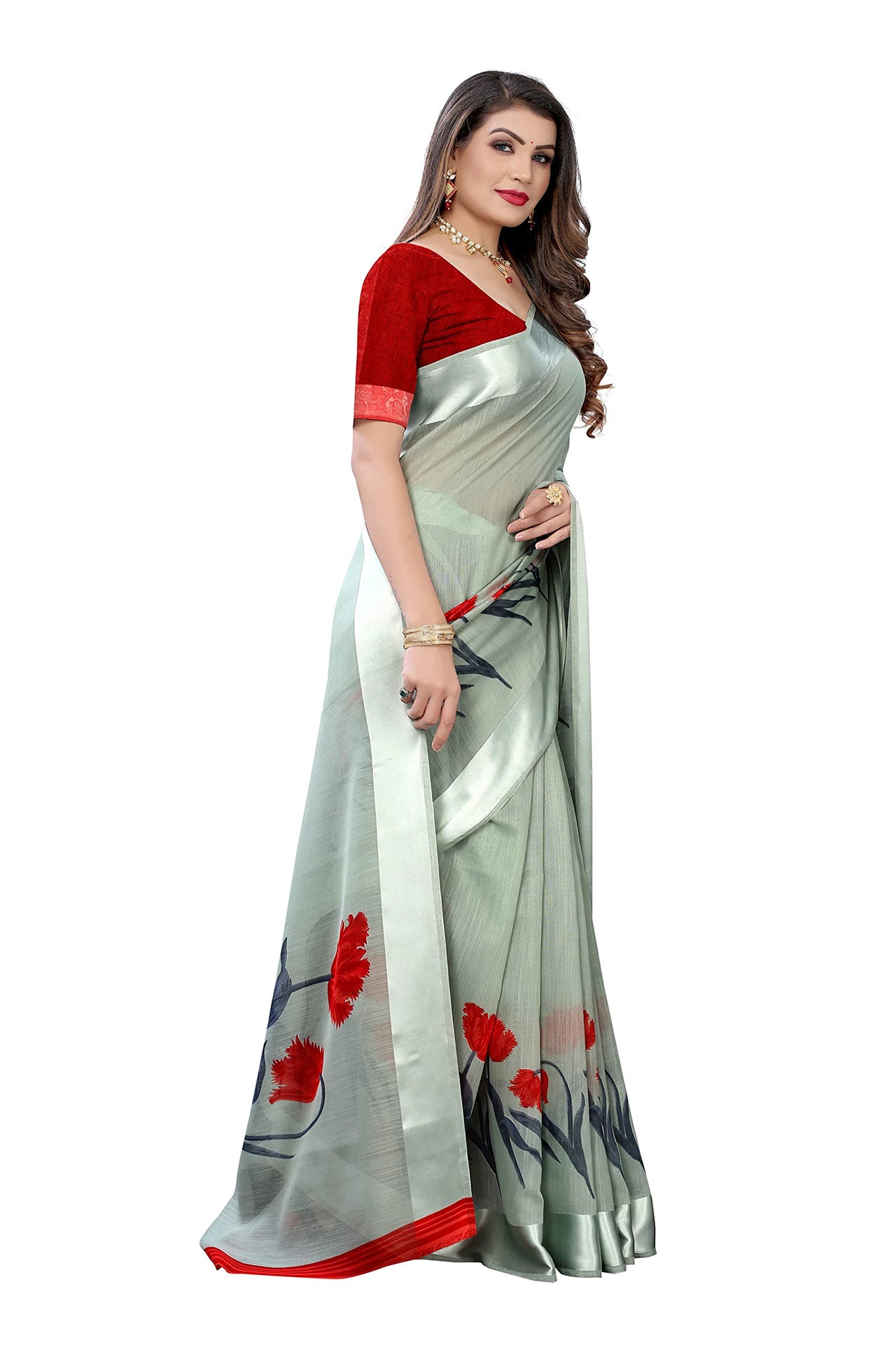 Tarshika Women's  Linen Blend Printed Saree With Blouse Piece(LINEN SAREE_NEW)