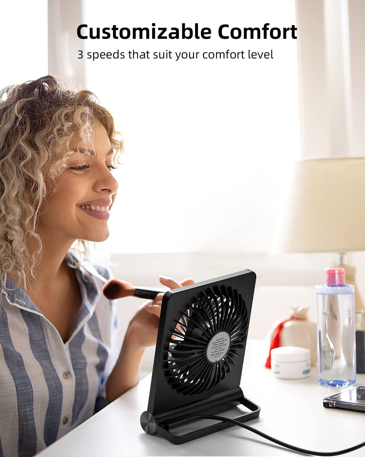 Koonie USB Fan, Strong Wind Ultra Quiet Small Desk Fan 220° Tilt Folding 3 Speeds Adjustable USB-C Corded Powered Personal Fan for Home Office Desktop Black Black without Battery 5.7in