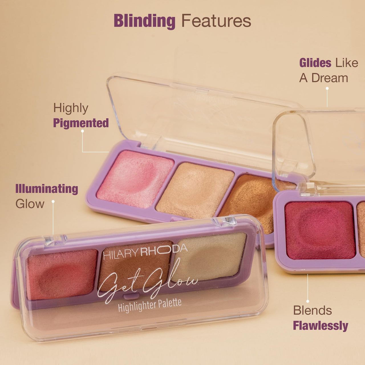 Hilary Rhoda Get Glow Highlighter Palette | Ultra Blendable & Long Lasting | Shimmer Finish & Illuminating Glow | Highly Pigmented & Easy To Blend Shades | 3 Shades in 1 Palette -15g (Shade - 04)