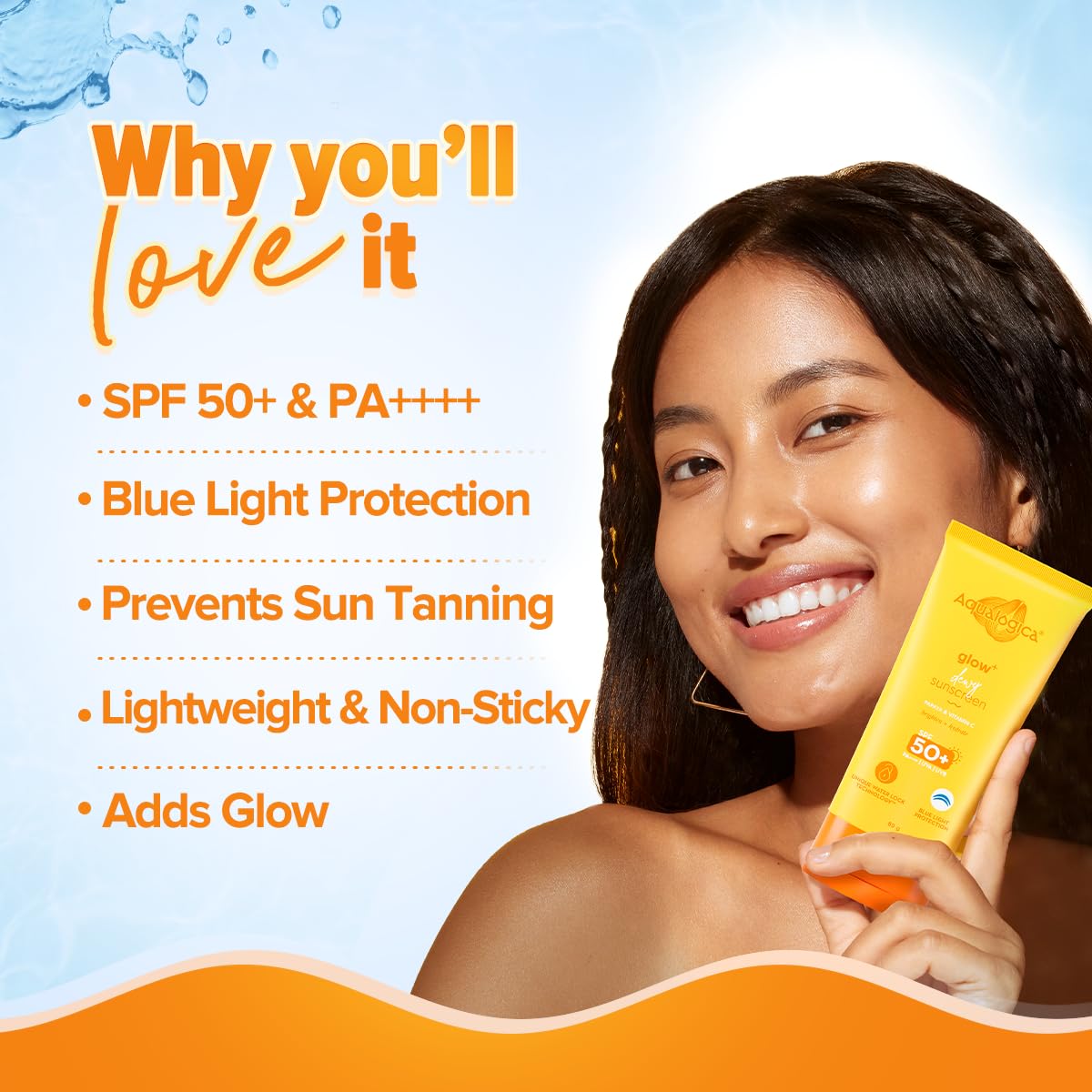 Aqualogica Glow+ Dewy Sunscreen SPF 50 PA++++ with Papaya & Vitamin C | For Dry, Sensitive, Oily & Combination Skin | UVA/B & Blue Light Protection | Fragrance-Free | For Men & Women | 80g