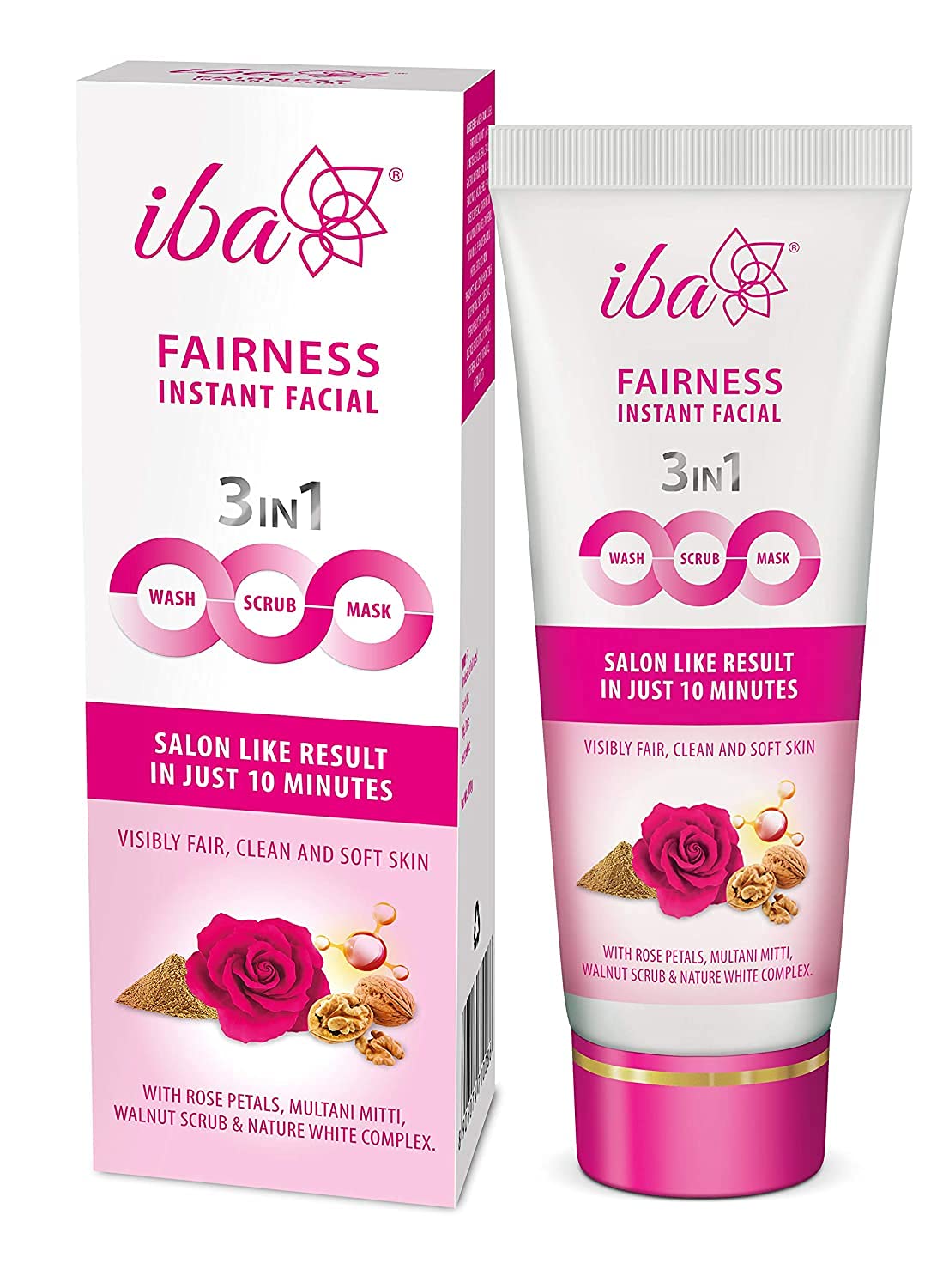 Iba 3in1 Wash, Scrub, Mask Fairness Instant Facial 100g with Rose Petals, Multani Mitti & Walnut For Scrub, Removes Tan, Fairness & Brightens Skin, Gives Instant Glow | Halal Certified & Vegan