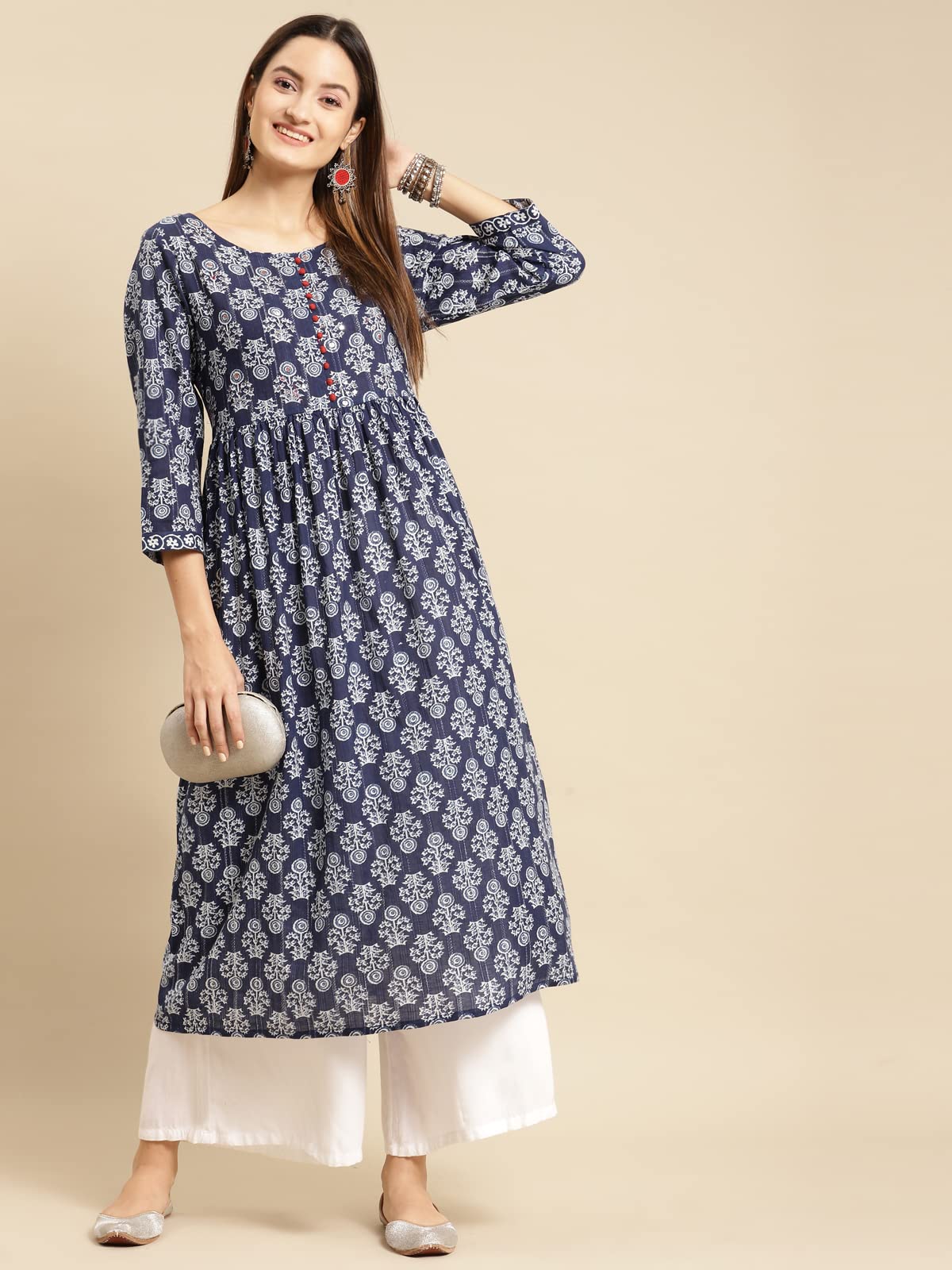 rangita Women 100% Cotton Blue Indigo Printed Calf Length Kurti Gathered at Waist