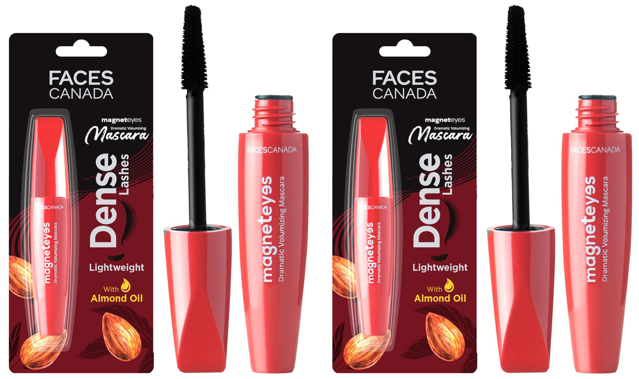 FACES CANADA Magneteyes Dramatic Volumizing Mascara - Black, 9.5ml | Lightweight, Denser & Longer Lashes | Intense Black Finish | Adds Volume | Easy Wash | No Clumping | Cruelty Free (Pack of 2)