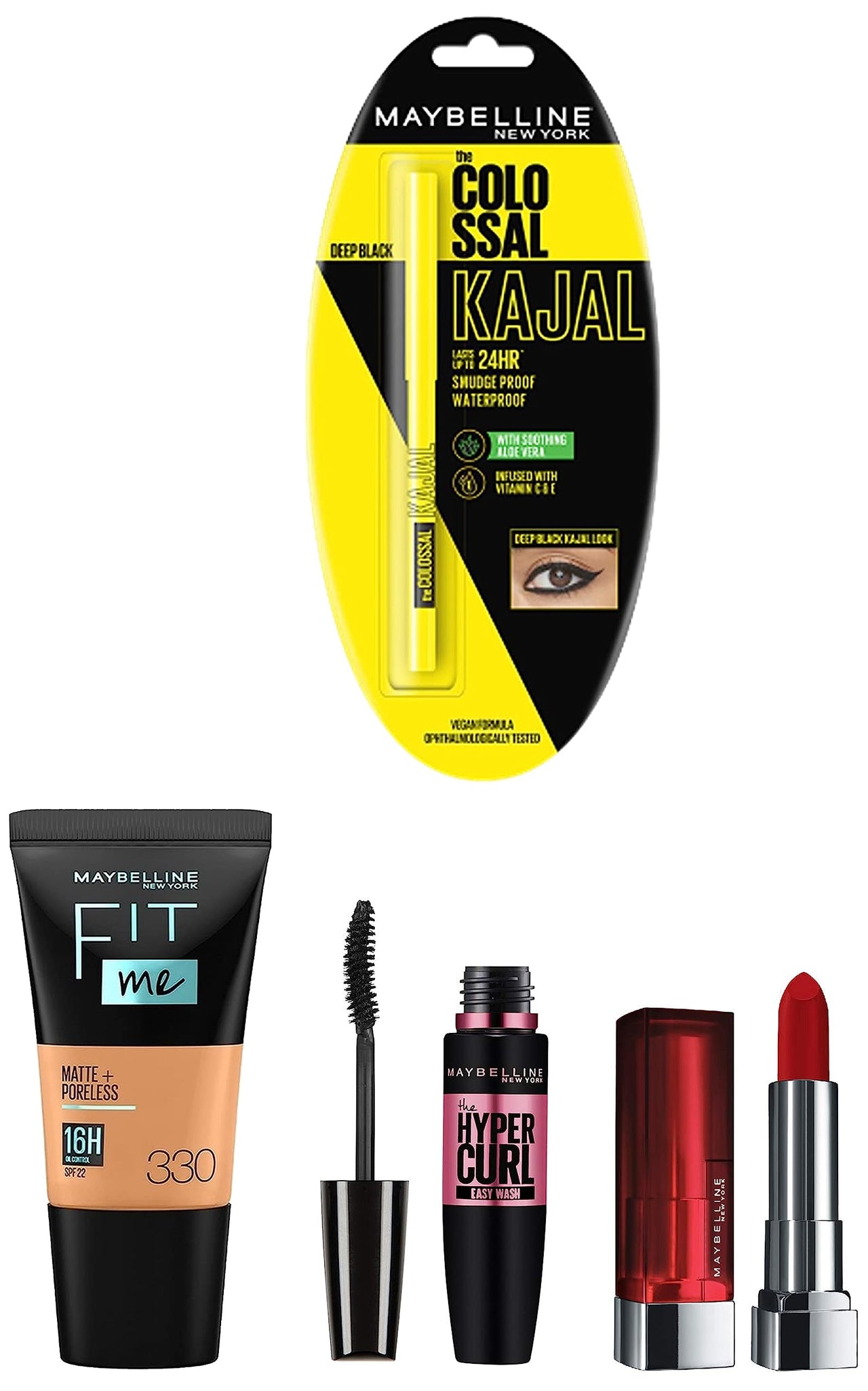Maybelline New York Date Night Makeup Kit - Fit Me Foundation Medium Coverage For Oily Skin Tube Toffee + Hypercurl Mascara Washable + Colossal Kajal + Creamy Matte Siren In Scarlet, Pack Of 1