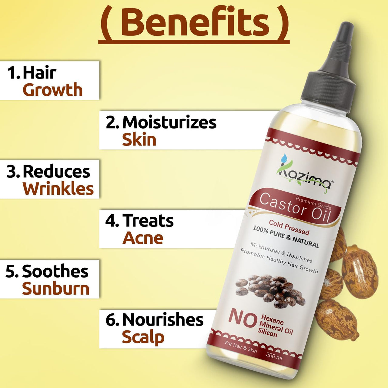 KAZIMA Cold Pressed Extra Virgin Castor Oil for Hair Growth | Moisturizes Skin and Reduces Wrinkles | 100% Pure Castor Oil Cold Pressed for Skin and Hair | 200 ml