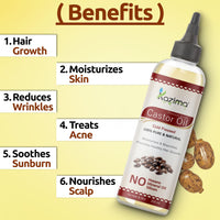 KAZIMA Cold Pressed Extra Virgin Castor Oil for Hair Growth | Moisturizes Skin and Reduces Wrinkles | 100% Pure Castor Oil Cold Pressed for Skin and Hair | 200 ml