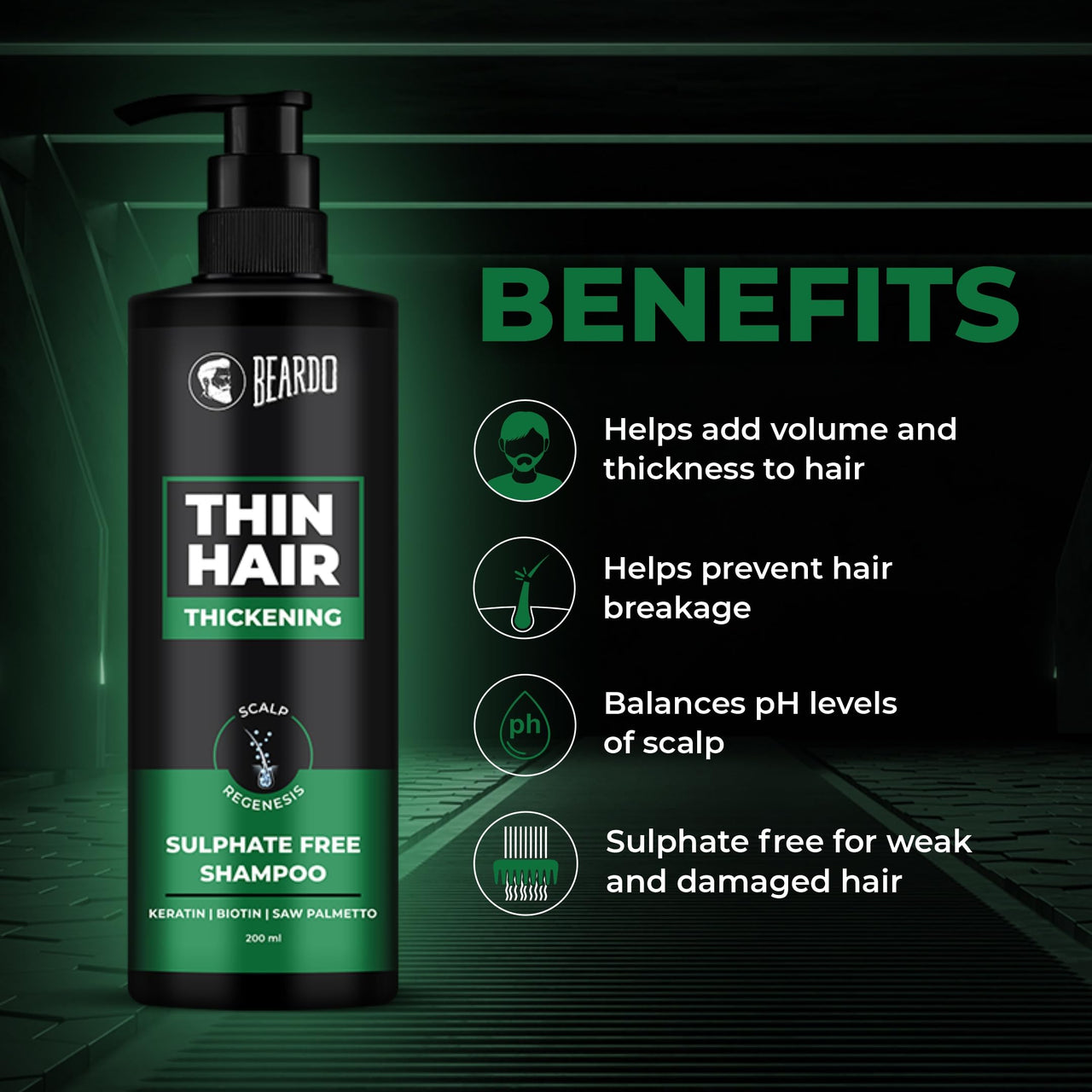 BEARDO Thin Hair Thickening Sulphate Free Shampoo for Men 200 ml | With Biotin, Keratin, Saw Palmetto | Sulphate and Paraben Free Shampoo | For Strong & Thick Hair