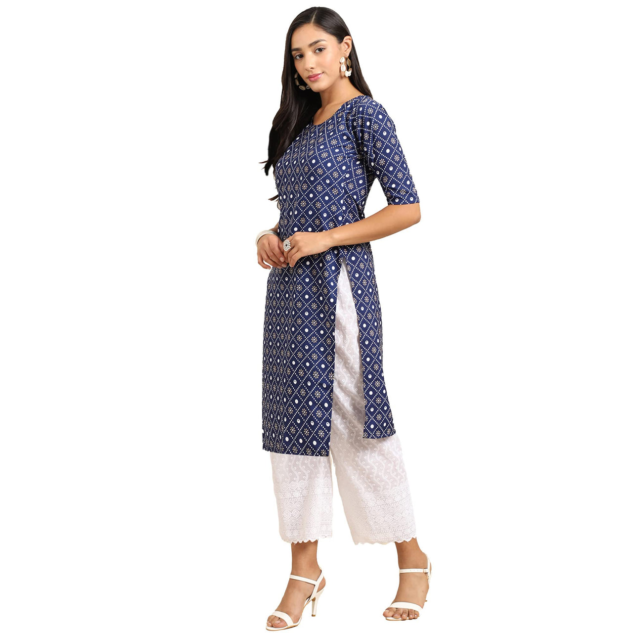 Pinkmint Women's  Crepe Blue Color Ethnic Motif Printed Straight Kurti (RI-530353-XXL)