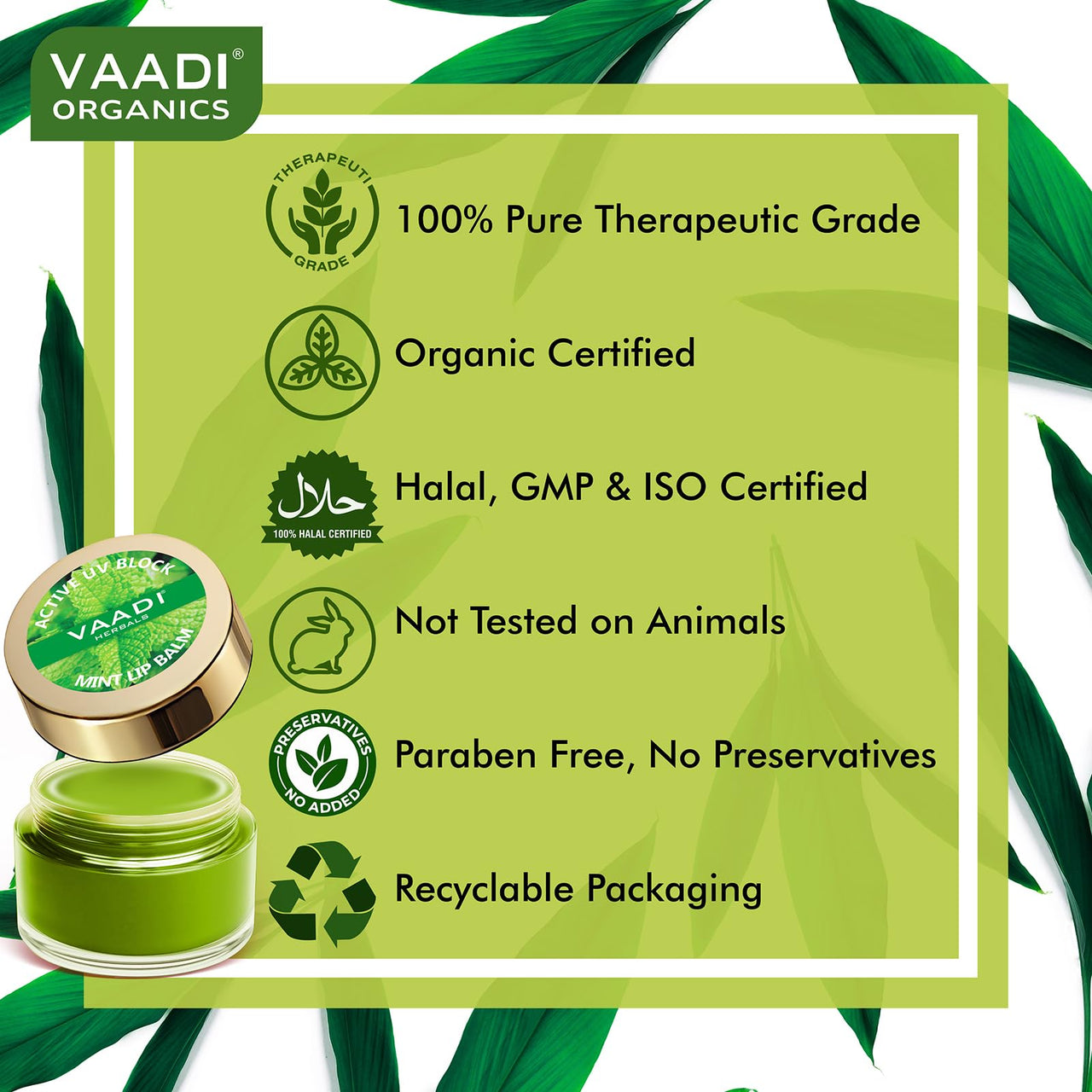 Vaadi Herbals Lip Balm, Mint, 10g