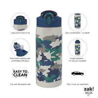 Zak Designs Water Bottle for Travel and At Home, 19 oz Vacuum Insulated Stainless Steel with Locking Spout Cover, Built-In Carrying Loop, Leak-Proof Design (Camo) Camo