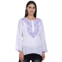 Paramount Women's  Chikankari Cotton White Straight Short Kurta Navy XS