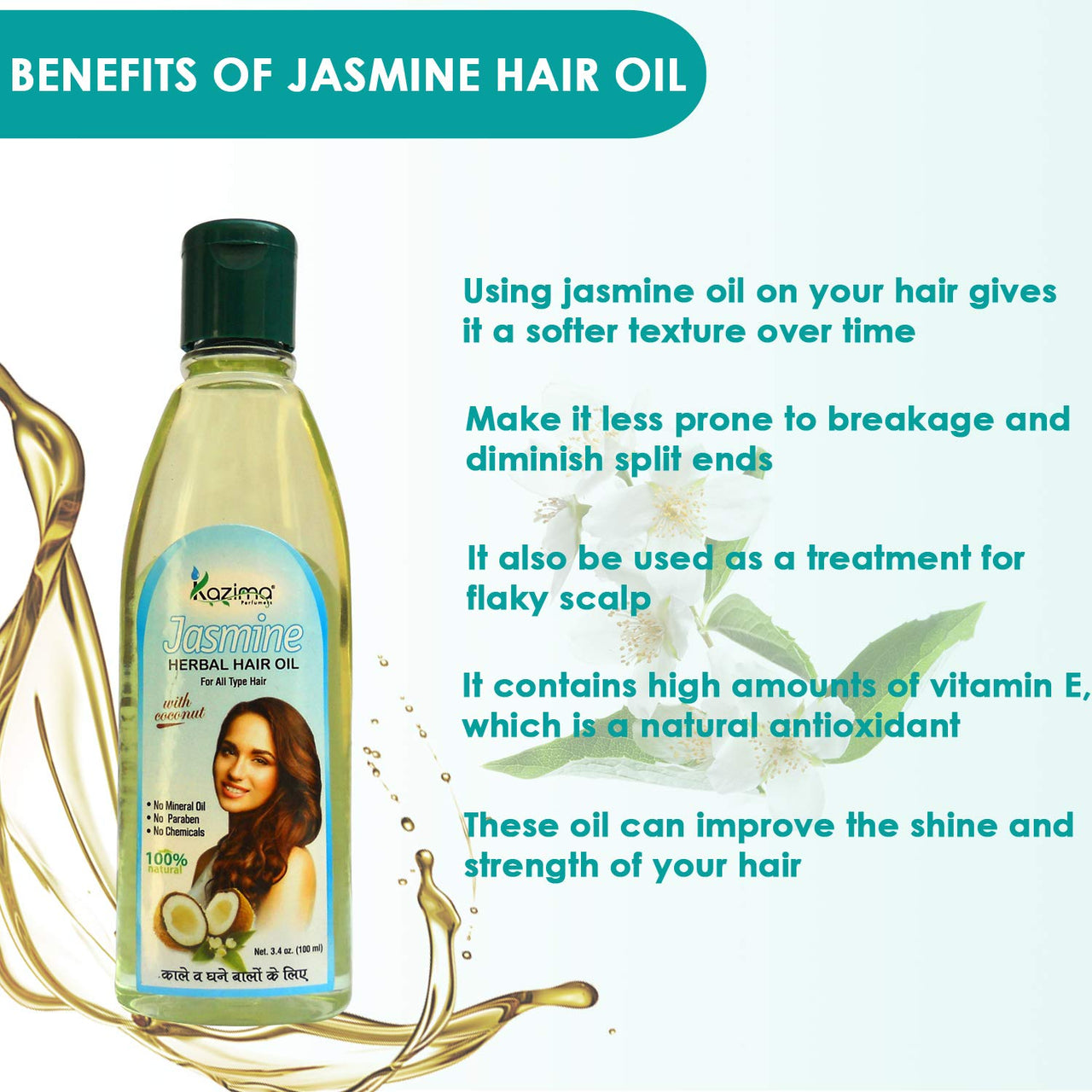 KAZIMA Jasmine Herbal Hair Oil Ideal For Anti Hair Loss, Lice Prevention, Dandruff & Promote Hair Growth (100ML) (Pack of 2)