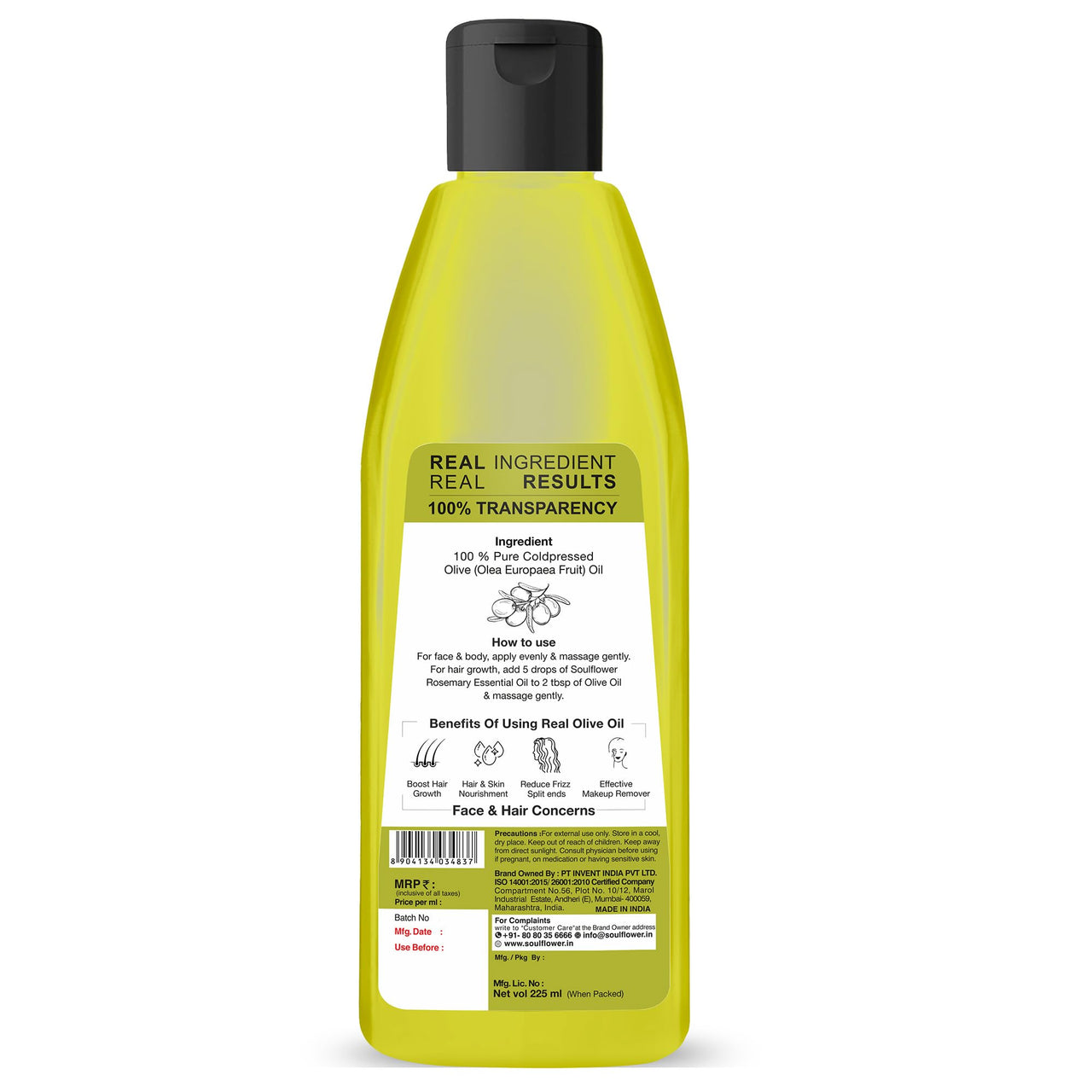 Soulflower Olive Hair & Skin Oil | 225ml | Cold-Pressed Oil for Hair Growth, Face Massage & Deep Moisturization | Reduces Wrinkles, Nourishes Scalp & Strengthens Roots | 100% Pure & Natural with Vitamin E