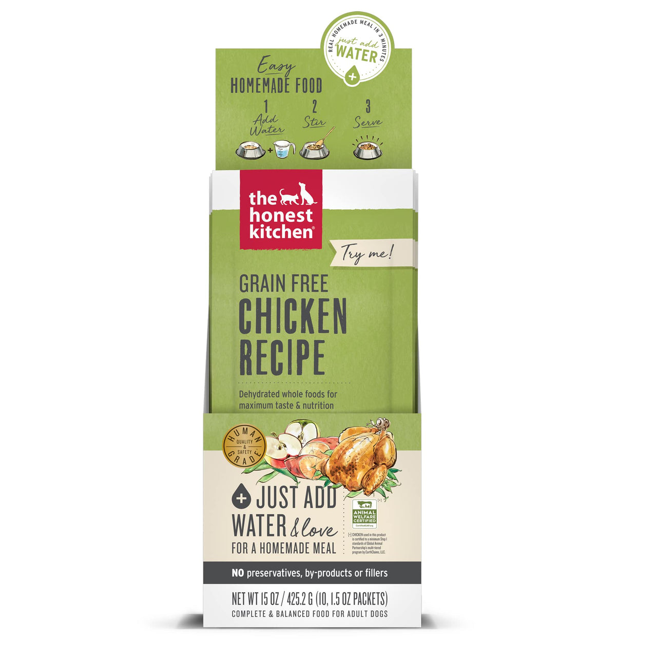 The Honest Kitchen Human Grade Dehydrated Grain Free Dog Food – Complete Meal or Dog Food Topper – Chicken 10-Pack of 1.5 oz Sachets 15 Ounce (Pack of 10)