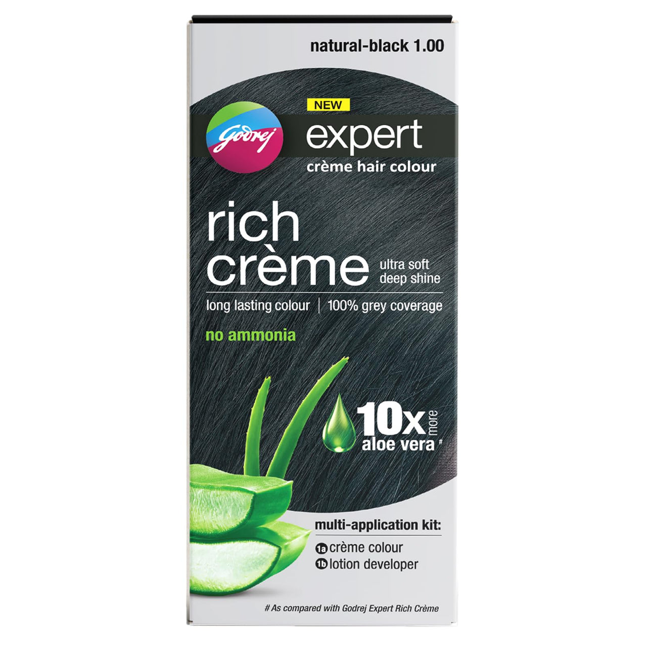 Godrej Expert Rich Crème Hair Colour for Women & Men – NATURAL BLACK Shade 1.00 (50ml + 50g) | No Ammonia | 10x Aloe Vera & 100% Grey Coverage