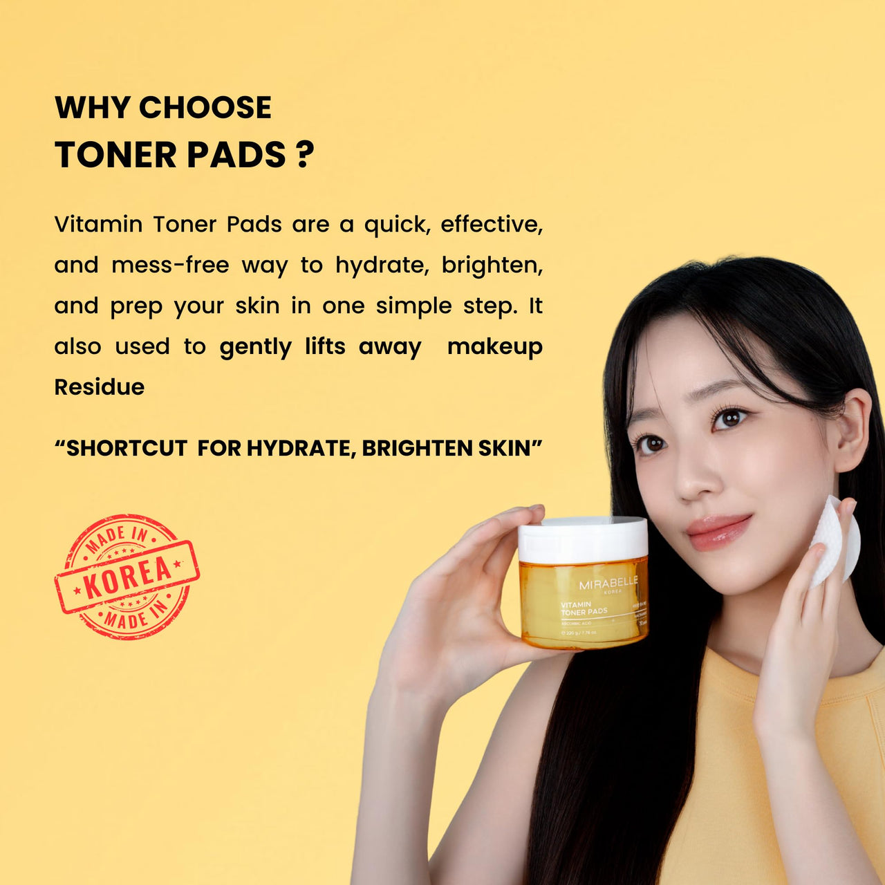 Mirabelle Korea Vitamin Toner Pads | Hydrating & Brightening | Korean Skincare for Glowing Skin | Niacinamide & Vitamin to Reduces Dark Spots | Removes Makeup Residue | 70 Pads