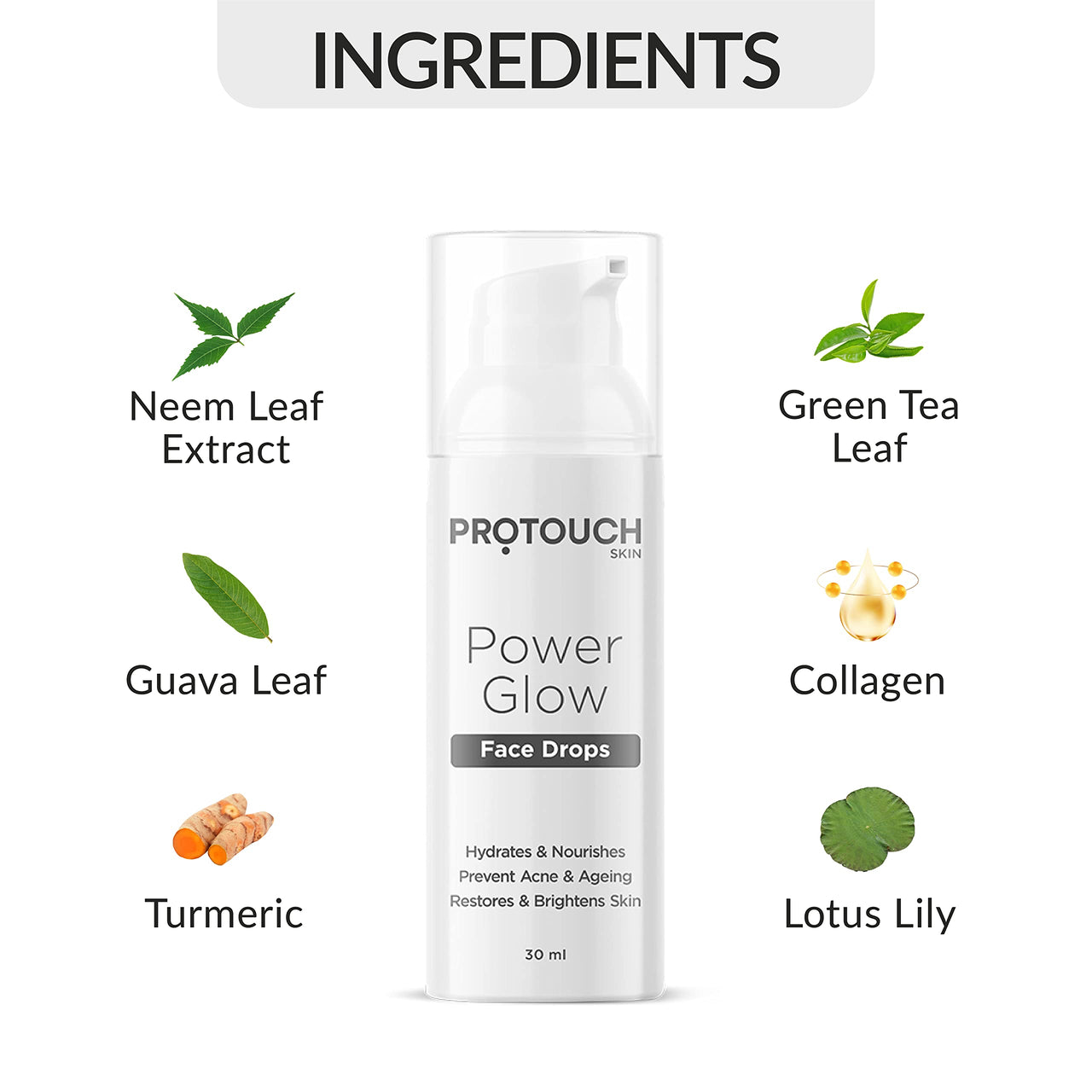 PROTOUCH Power Glow Face Drops | Brightening Serum with Korean & Indian Herbs | Lightens Dark Spots, Acne, and Wrinkles | For Clear, Glowing Skin - All Skin Types (Pack of 2)