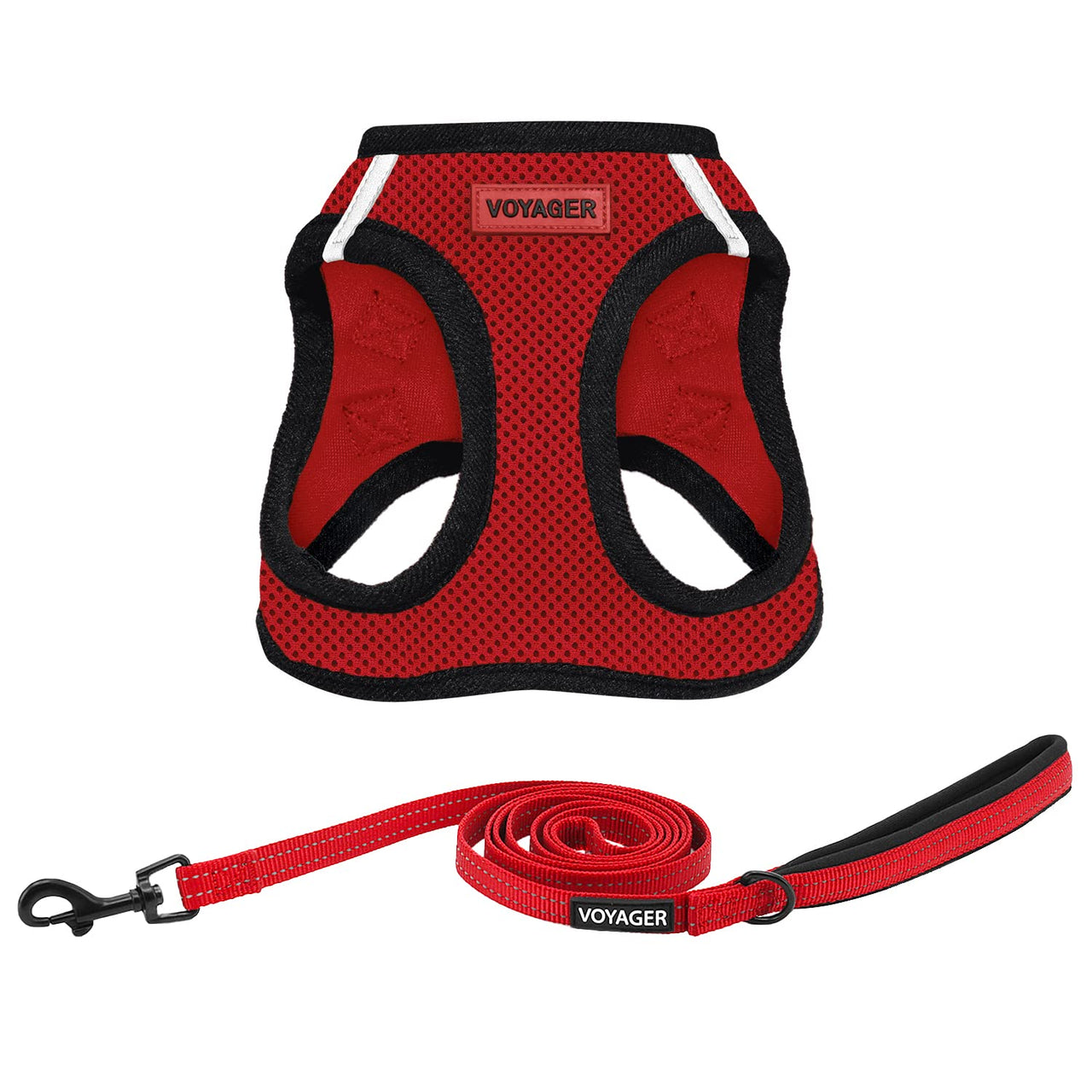 Voyager Step-in Air All Weather Mesh Harness and Reflective Dog 5 ft Leash Combo with Neoprene Handle, for Small, Medium and Large Breed Puppies by Best Pet Supplies - Red/Black Trim, XXX-Small Harness Leash Bundle (Red/Black Trim)