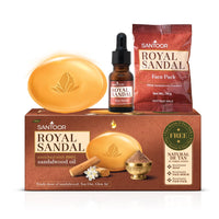 Santoor Royal Sandal Soap, Serum & Face Pack | 100% Sandalwood Oil & Powder | 3-Step Natural Detan | Tan-Free Complexion, Even Skin Tone & Glow | 125g x 6 Soaps + 20g Face Pack + 15ml Serum
