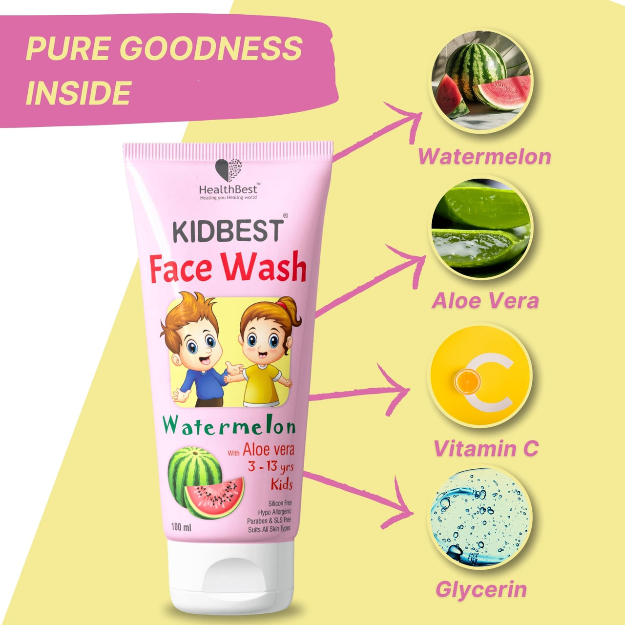 HealthBest Kidbest Face wash for 3-13 Years Kids | Normal Skin, Sensitive Skin & Dry Skin | Tear, Paraben, SLS free | Watermelon Flavor | 100ml (Pack of 2)