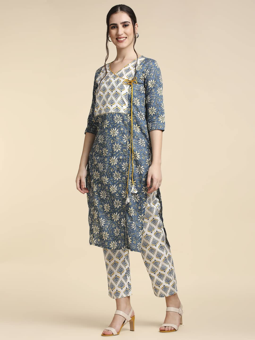 anubhutee Women's  Blue Printed Angrakha Pure Cotton Straight Kurta Suit Set with Pants
