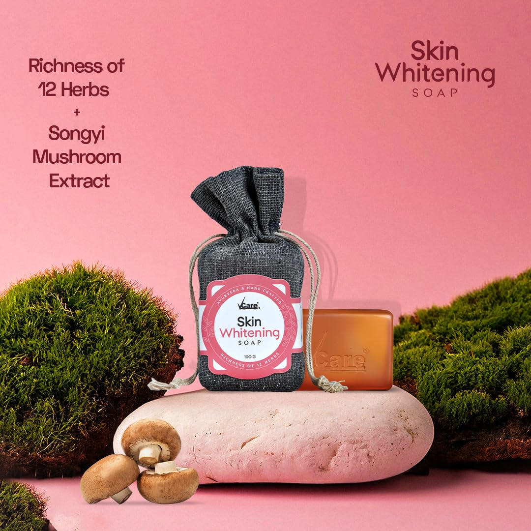 VCare Skin Whitening Soap -100 gm | Richness of 12 Herbs Ingredients with Songyi Mushroom Extract Soap bar | Exfoliates the skin impurities & improves the skin tone for both Men and Women (Pack of 3)