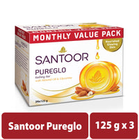 Santoor PureGlo Glycerine Soap with Almond Oil and Glycerine, 125g (Buy 2 Get 1 Free) for Nourished Glowing Skin