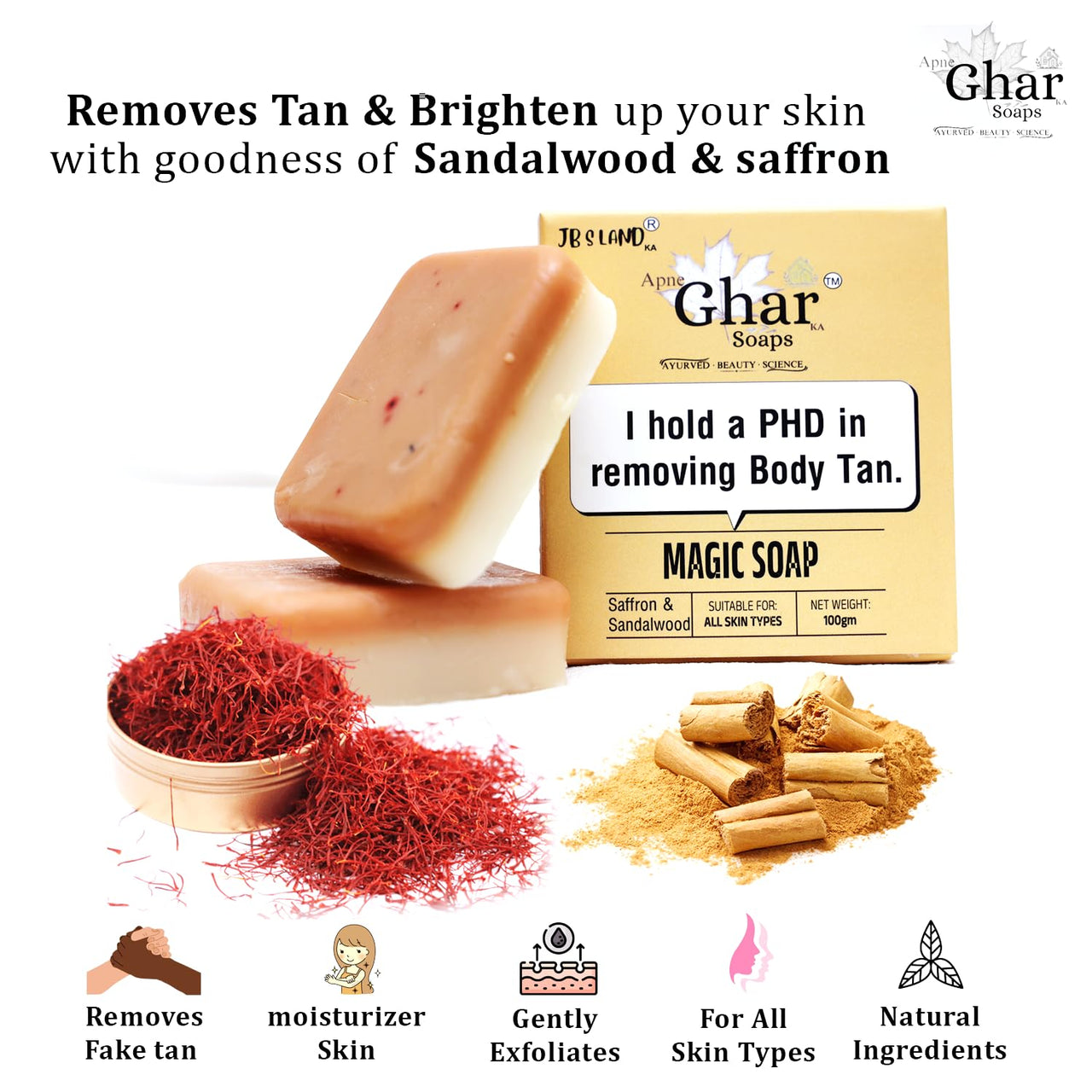 Apne Ghar Ka Soaps Sandalwood & Saffron Magic Soaps For Bath | Paraben Free | Chandan & Kesar Bath Soap | Handmade Soaps For Glowing | Skin Brightening Soap For Men & Women (100 Gms Gms Pack Of 1)