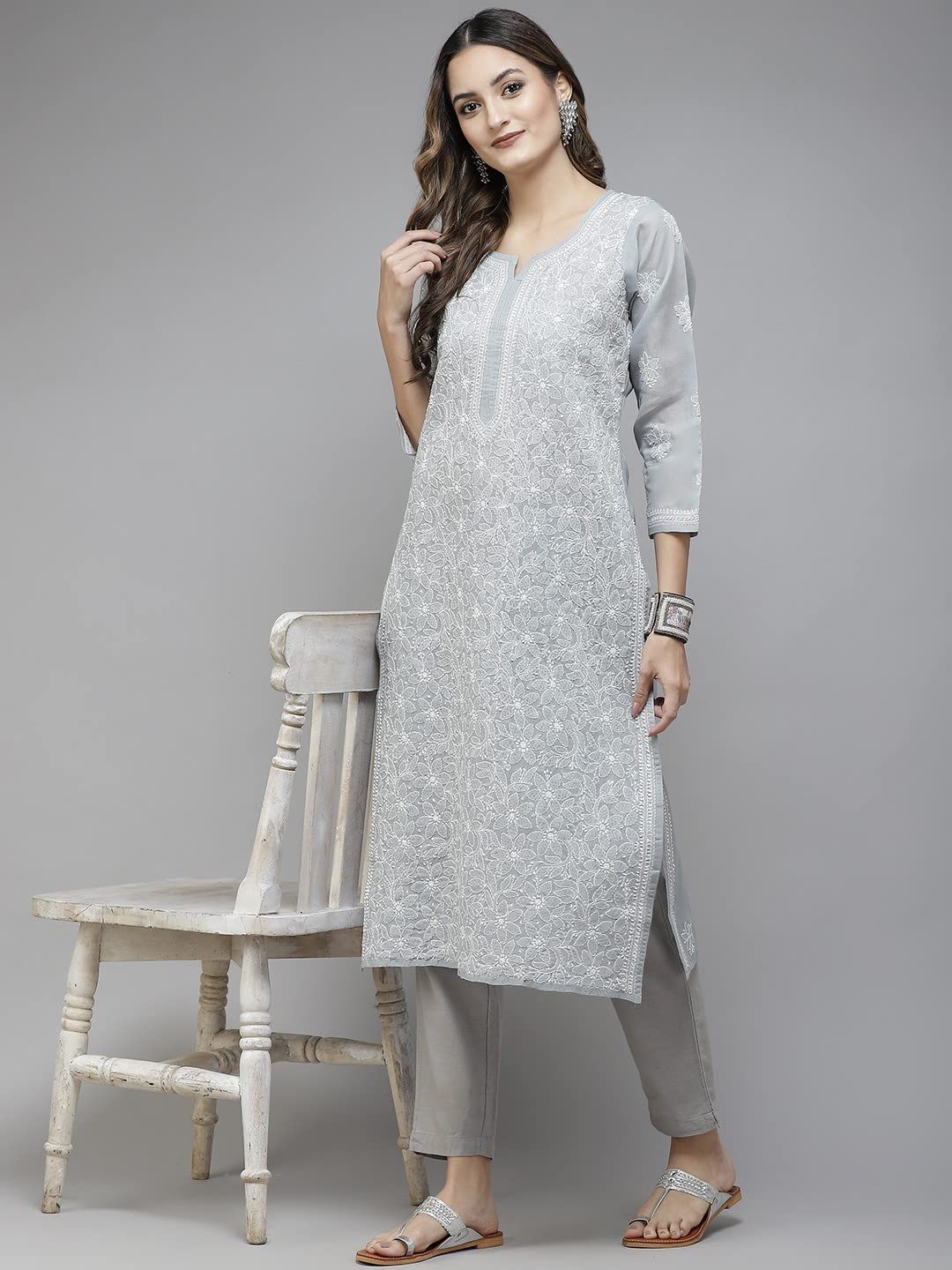 Ada Hand Embroidered Lucknowi Chikankari Cotton Kurta Kurti for Women A411165