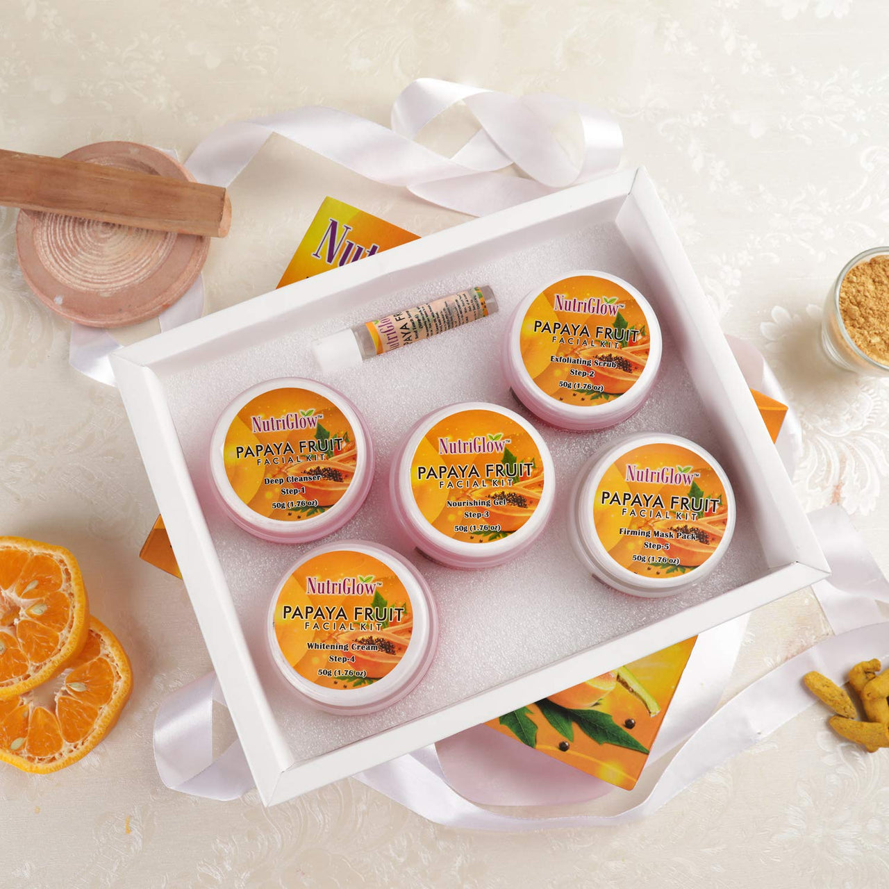 NutriGlow Papaya Facial Kit For Blemish Free and Fairer Skin Hydrated & Brightening Fresh Looking Skin, All Skin Types, No Parabens & Sulphates, 250gm+10ml With Jade Roller