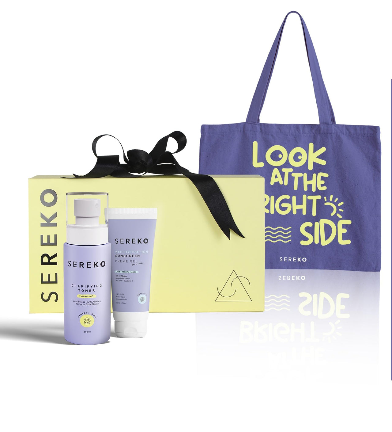 Sereko Skincare Gift Set for Women & Men | Brightening Vitamin C Face Cleanser and Sunscreen SPF 50++++ for Women & Men with Bright Side Tote Bag (Glow On-The-Go Gift Set)