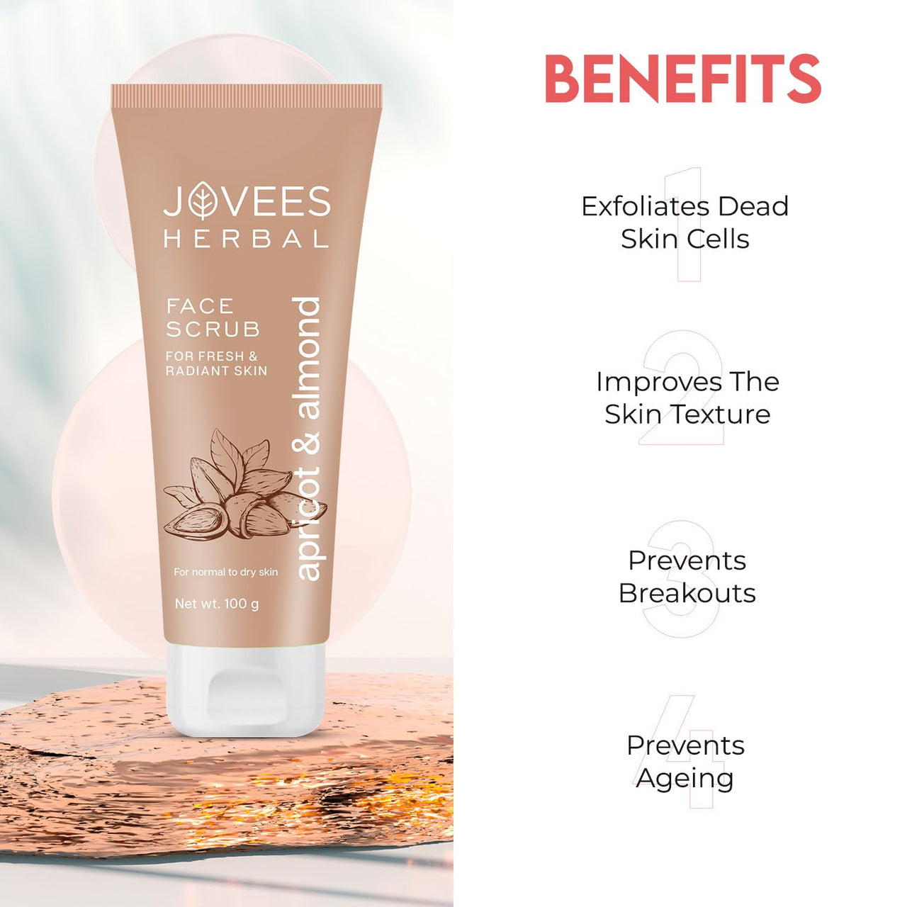 Jovees Herbal Apricot & Almond Face Scrub with Almond, Apricot & Wheatgerm Oil For Normal to Dry Skin | Gently Removes dead Skin, Anti-Pigmentation, Tan Removal, Smooth and Clear Complexation 50g