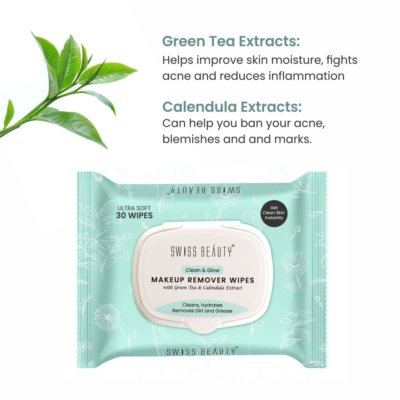 Swiss Beauty Clean & Glow Makeup Remover Wipes | With Green Tea And Calendula Extracts| Cleansing And Hydrating Facial Wipes| 30 Wipes