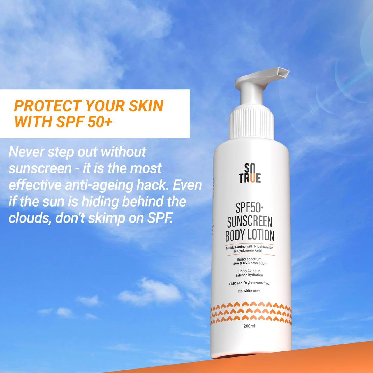 Sotrue SPF 50+ Sunscreen Body Lotion With UVA & UVB Protection, Upto 24-Hours Intense Hydration, Multivitamins with Niacinamide & Hyaluronic Acid, No White Cast, Lightweight, 200ML