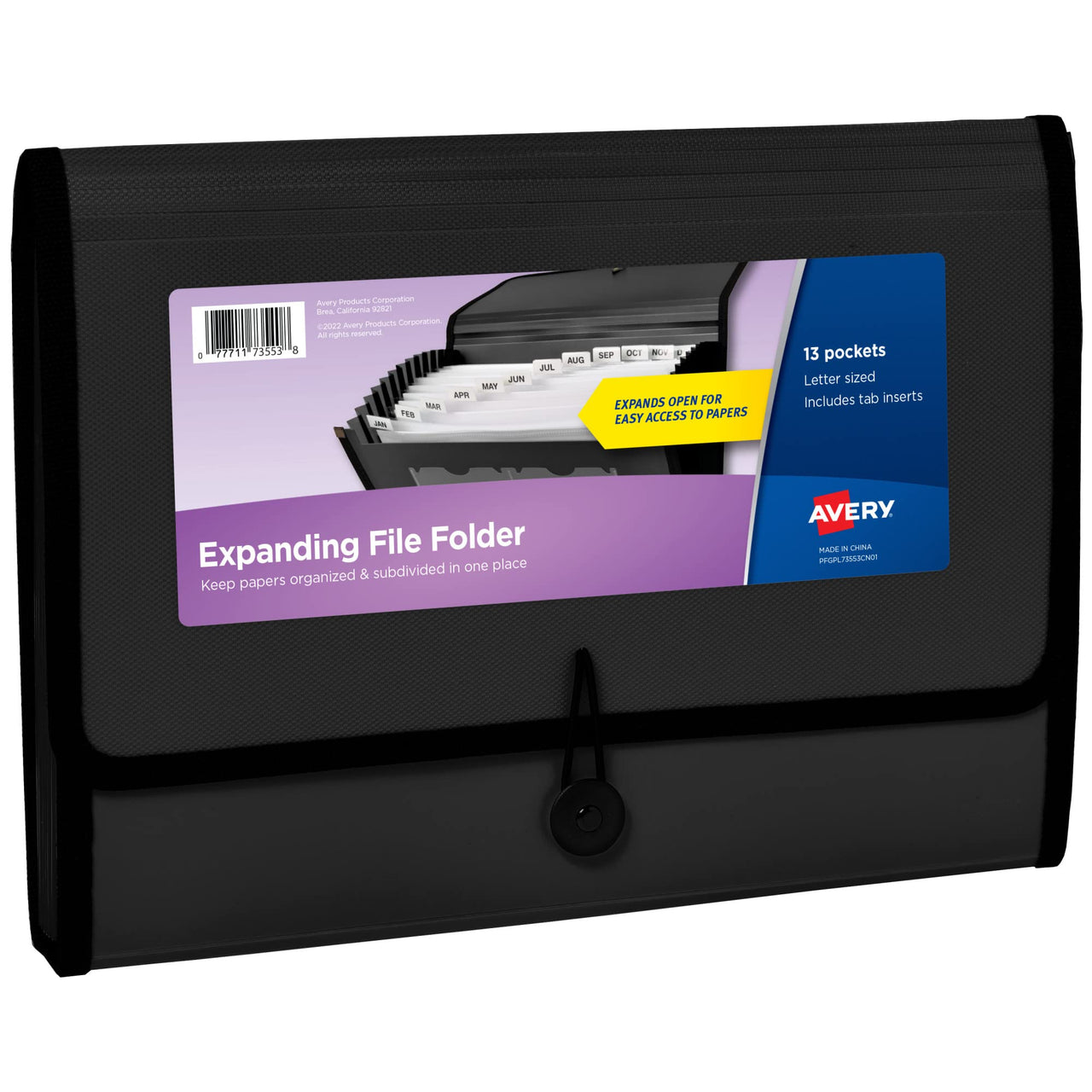 Avery Expanding File Folder Organizer, 13-Pocket Accordion File Organizer, Black, Holds 425 Letter/A4-Size Sheets (73553) 13 Pockets