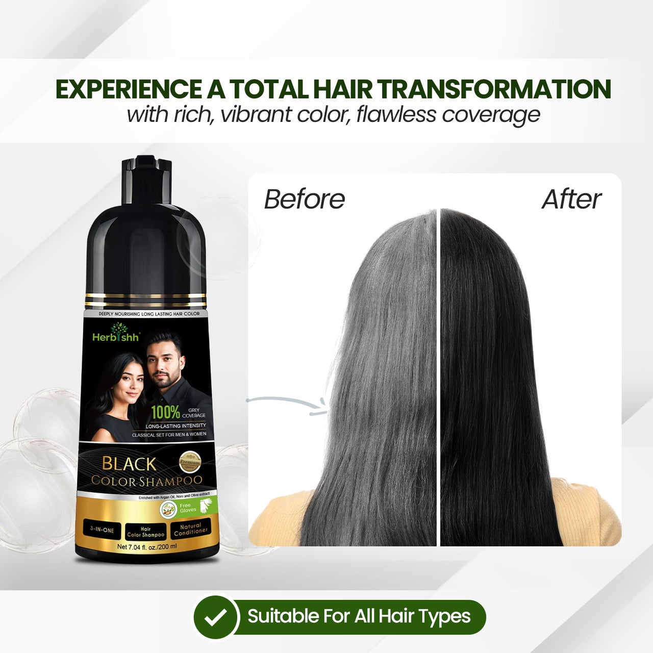 Herbishh Hair Color Shampoo Black | 100% Grey Coverage, Demi-Permanent Hair Color for Men & Women, Long-lasting Color in 5-15 Mins, Ammonia-free, 200 ml