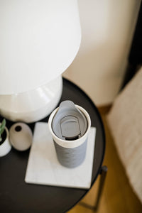 Ello Ogden Ceramic Travel Mug with Splash-Resistant Slider Lid and Protective Silicone Boot, Perfect for Coffee or Tea, BPA Free, Dishwasher Safe, Gray, 16 oz