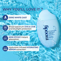 Moody Hydro Burst Water Sunscreen With Hyaluronic & SPF 50 PA ++++ UVA/B Protection | Brightening Sunscreen With No White Cast, Lightweight & Non Greasy | For Oily & Combination Skin | 50ml