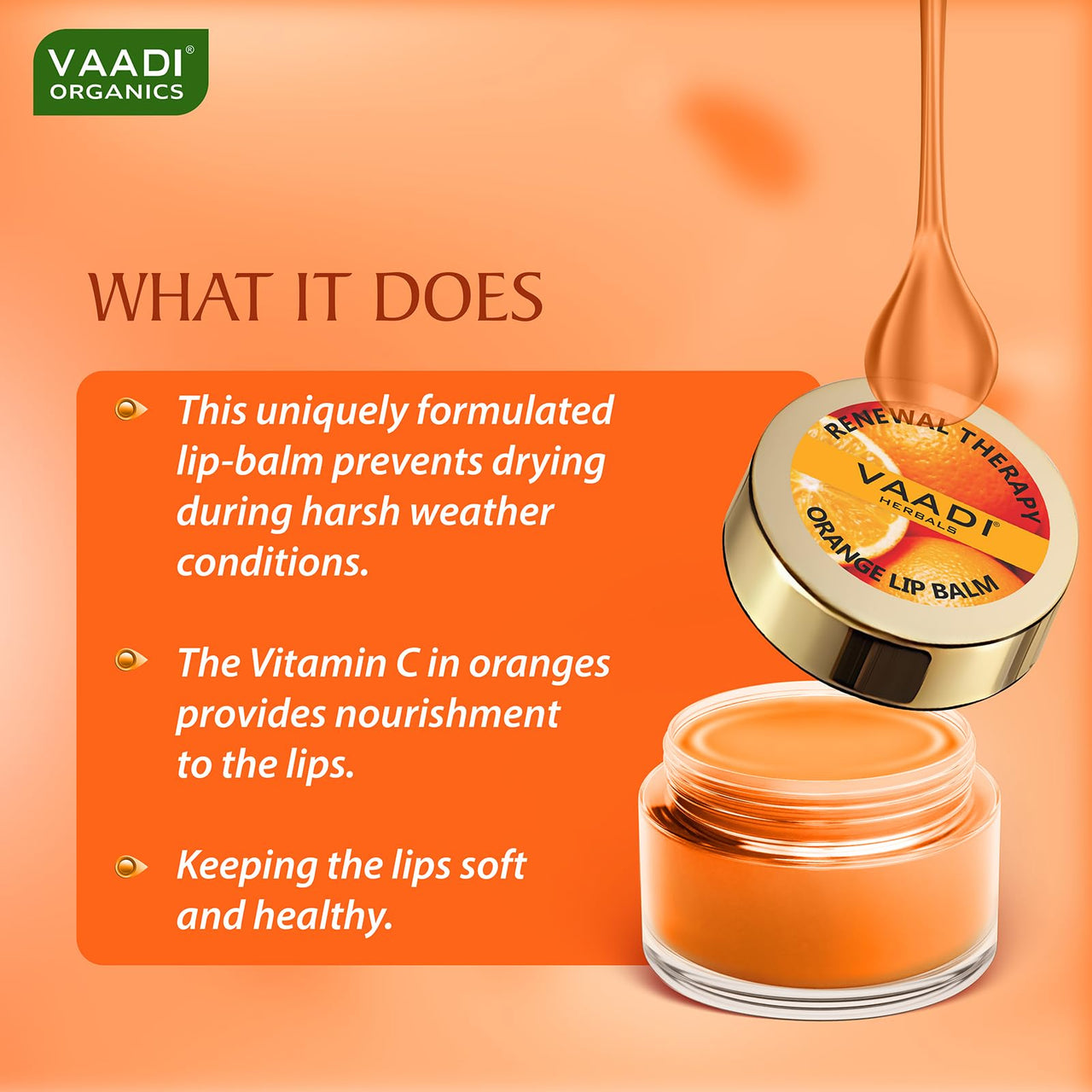 Vaadi Herbals Lip Balm, Orange and Shea Butter, 10g