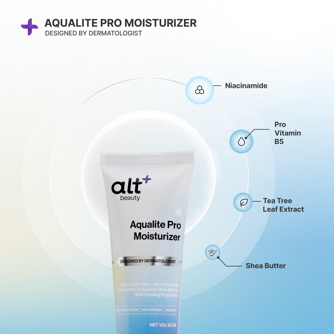 altBeauty Aqualite Pro Moisturiser -50gm | Pro Vitamin B5, Tea Leaf Extracts, Niacinamide | Deep Hydration, Strengthen & Restore Skin Barrier |Acne defense, healing Properties|Non-Greasy, Fragnense Free