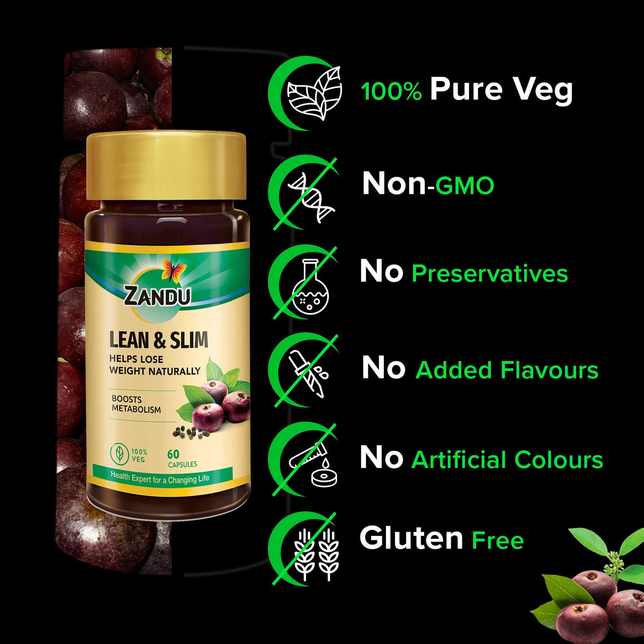 Zandu Lean & Slim | Enriched With The Goodness Of 6 Herbs To Help You In Weight Loss Journey | Acts As A Metabolism Booster & Supports Weight Management, (60 Caps), Pack of 1