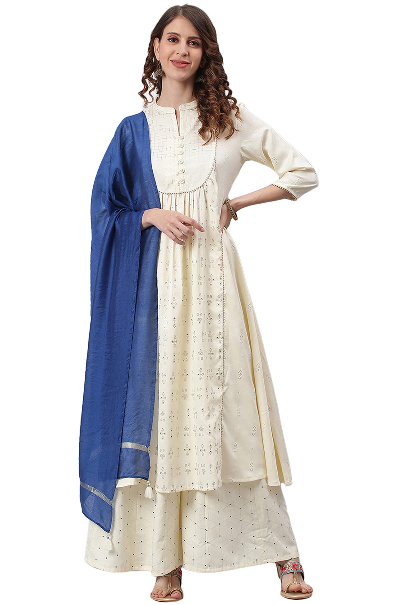 Janasya Women's  Off- White and Silver Poly Silk Kurta With Palazzo and Dupatta