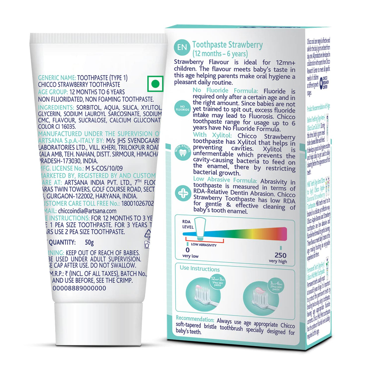 Chicco Toothpaste for Kids, Best for Baby (1y-6y), Strawberry Flavour, 50g | Fluoride-Free & Low Abrasive | Removes Plaque, Helps Prevent Cavities | IDA Accepted