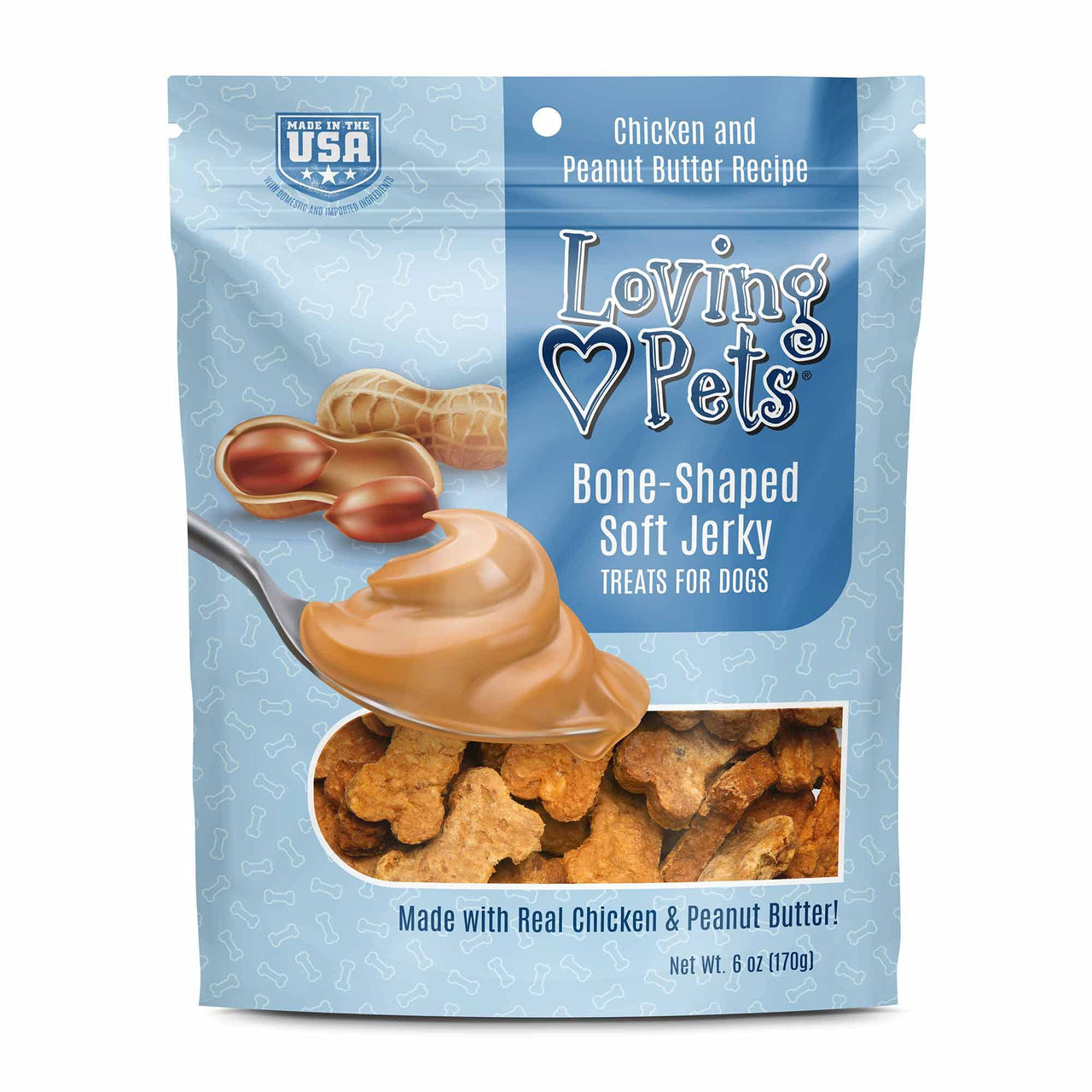 Loving Pets - Soft Chew Jerky (Bone-Shaped, Chicken & Peanut Butter Recipe) USA Made Dog Treats