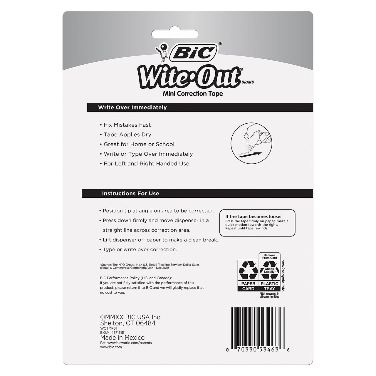 BIC Wite Out BIC BIC Brand Mini Correction Tape, 16.4 Feet, 6-Count Pack of white Correction Tape, Compact Tape Office or School Supplies