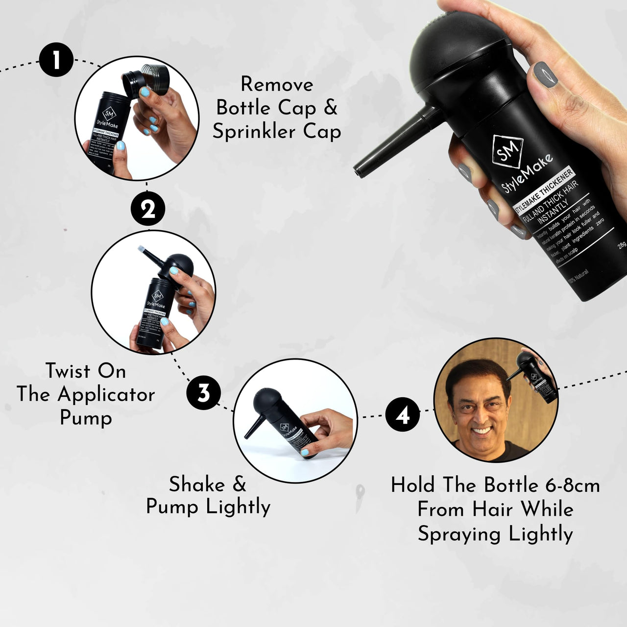 StyleMake Thickener Hair Fiber Light Brown 28gm With Pump For Thin & Fine Hair Instantly Transform | Hair Thickening Fibre Spray For Men & Women | Hair Loss Concealer | (Light Brown Fiber + Applicator)