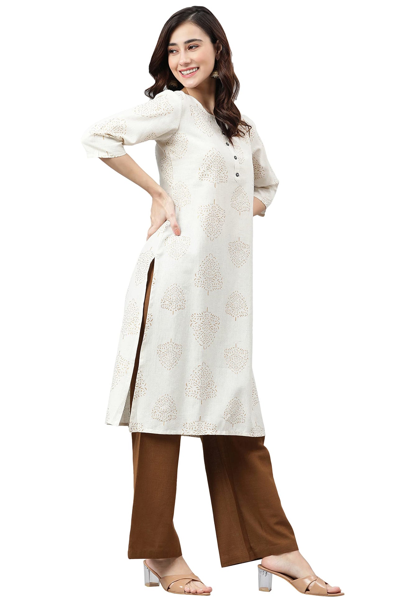 Janasya Women's  Beige Cotton Flex Kurta With Palazzo