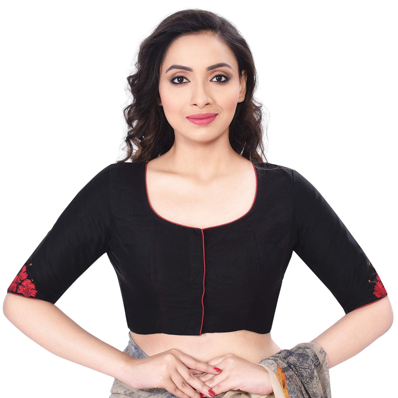 RENE Women's  Cotton Silk Embroidered Half Sleeve Blouse