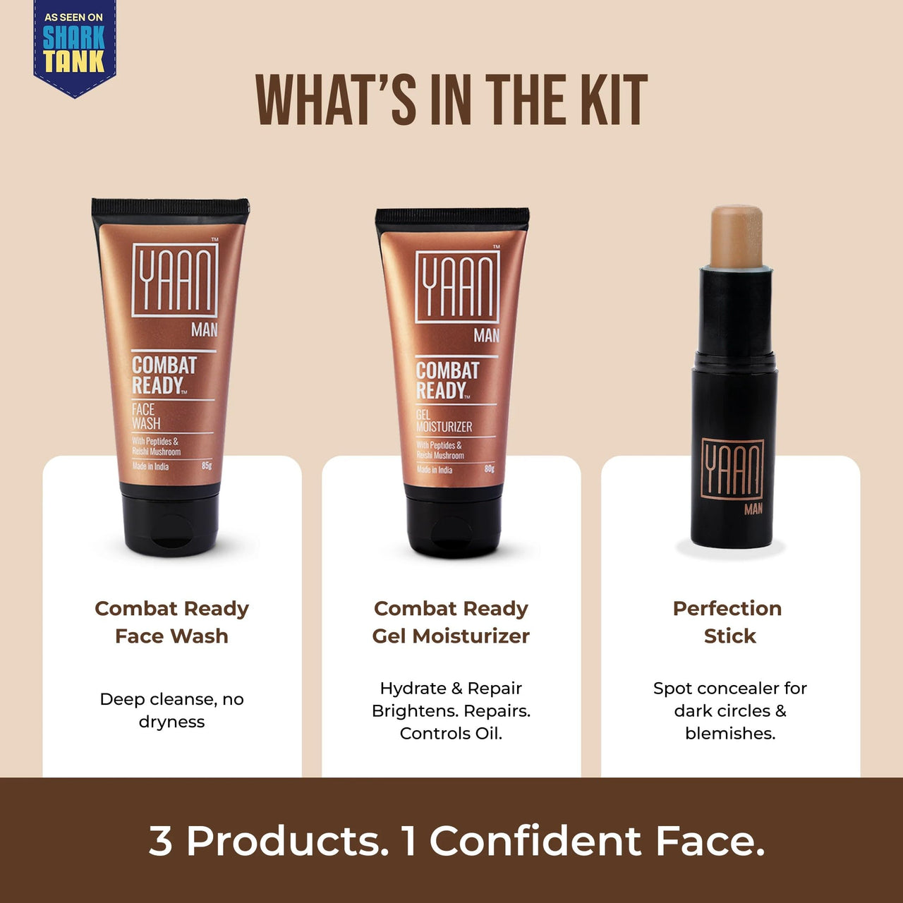 Yaan Man Combat Ready Pack | Contains Face Wash, Gel Moisturizer, Perfection Stick for Men| For all skin types (Light Shade)